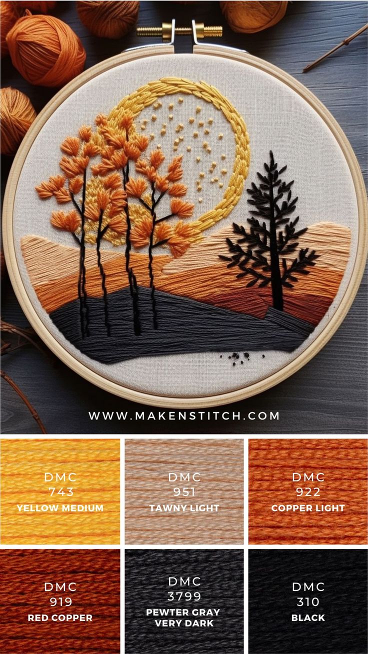 an embroidery pattern with different colors and designs on it, including oranges, yellows,