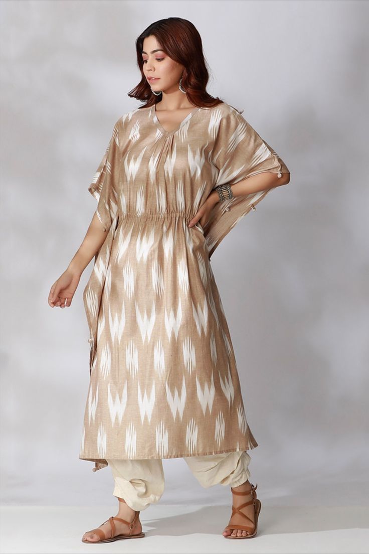 Shop Set Of 2- Beige Kaftan Ikkat Kurta With Off White Dhoti Pants Online at Tjori.com Dhoti Pants, Off Duty, Long Sleeve Dress, Off White, Wardrobe, Pants, White, Trousers