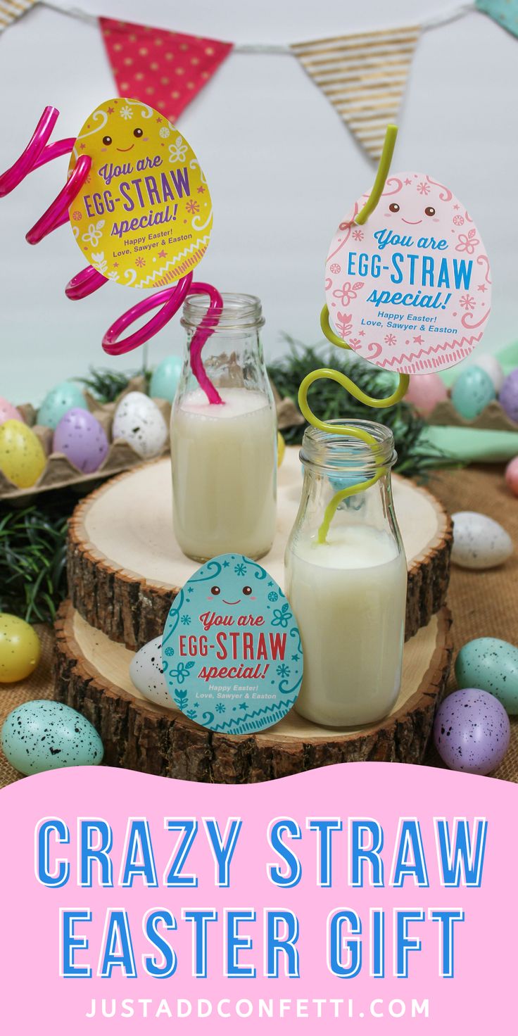 some eggs and milk are sitting on a tree stump with bunting flags in the background