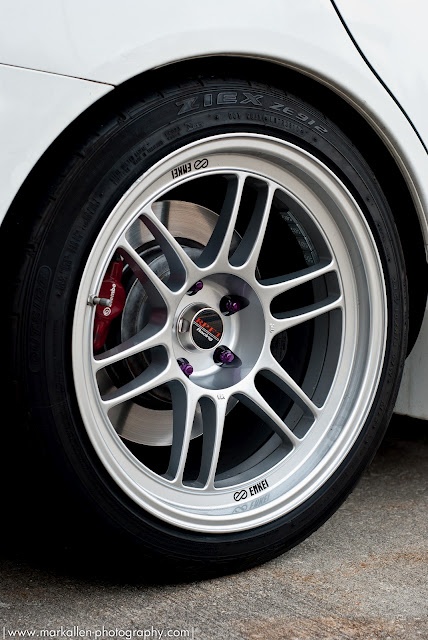 the front wheel of a white sports car