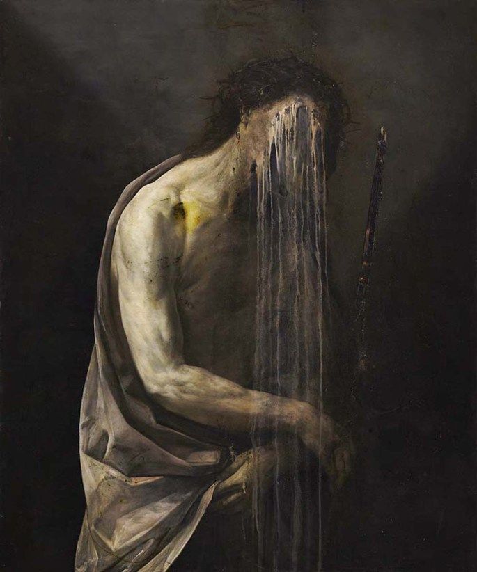 a painting of a man with his head in the shower