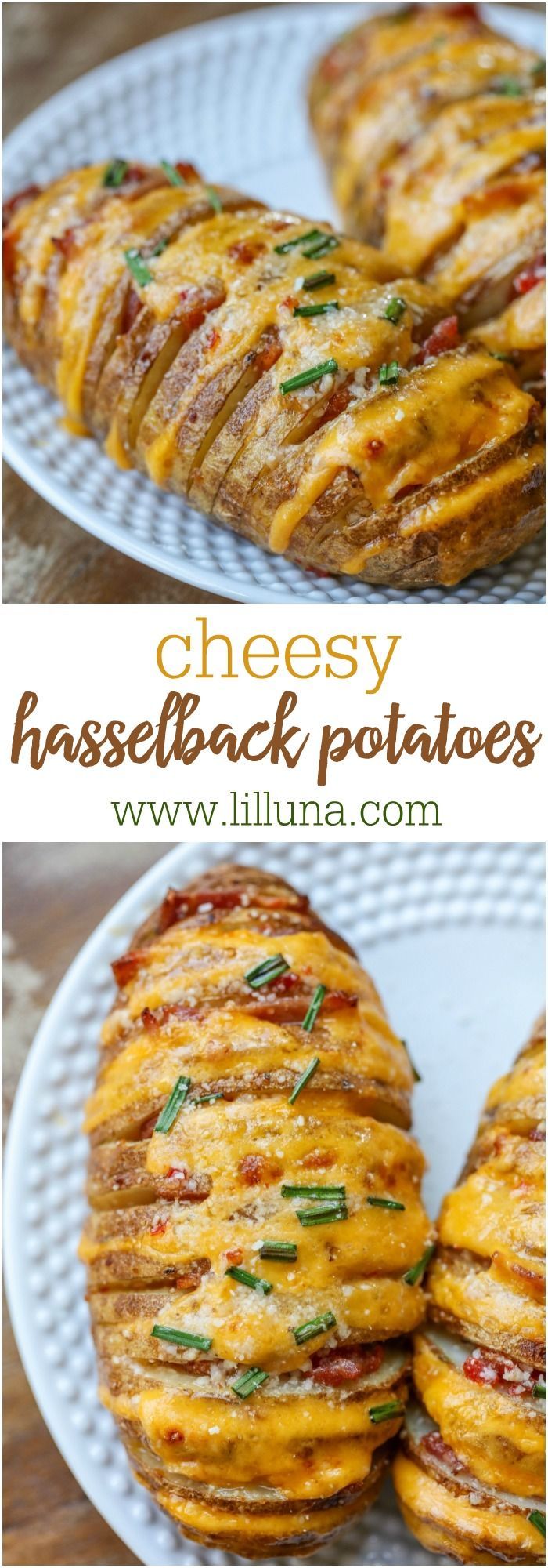 cheesy hasselback potatoes on a white plate