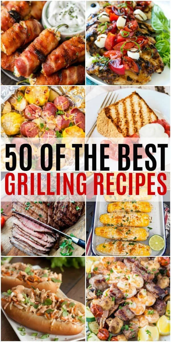 the cover of 50 of the best grilling recipes, including grilled meats and vegetables