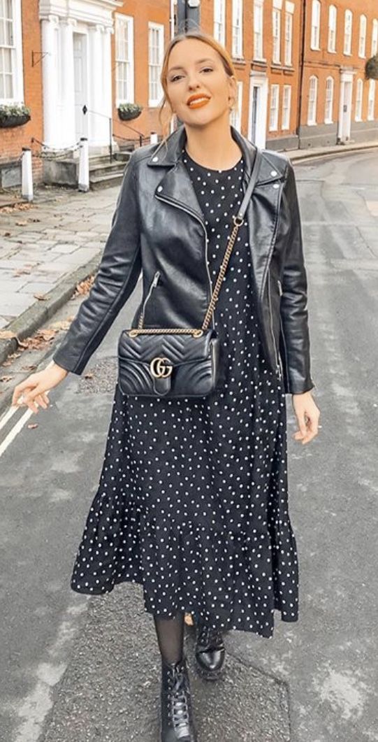 Winter Dress Outfit With Boots, Winter Fashion 2023 Australia, Dress With Booties Outfit, Polka Dot Dress Outfit Winter, Zoom Meeting Outfit, Feminine Edgy Style, Midi Dress For Fall, Chique Outfit, Elegante Casual