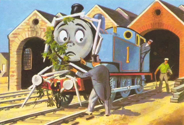 an image of a cartoon train that is on the tracks with people around it and two men standing next to it