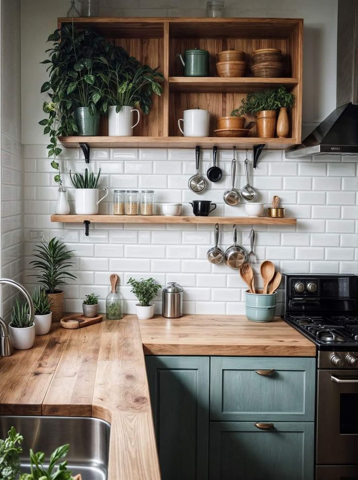 a kitchen with wooden counters and shelves filled with potted plants on top of them