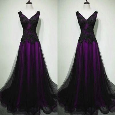 Gothic Purple Wedding Dresses Black Lace Applique Sleeveless V Neck Bridal Gowns  | eBay Black Navy Purple Wedding, Purple Black Wedding Dress, Purple Gothic Wedding Dress, Royal Purple Dresses, Black Purple Wedding Dress, Black Gold And Purple Wedding, Deep Purple Wedding Theme, Dark Purple Gown Elegant, Black Red And Purple Wedding