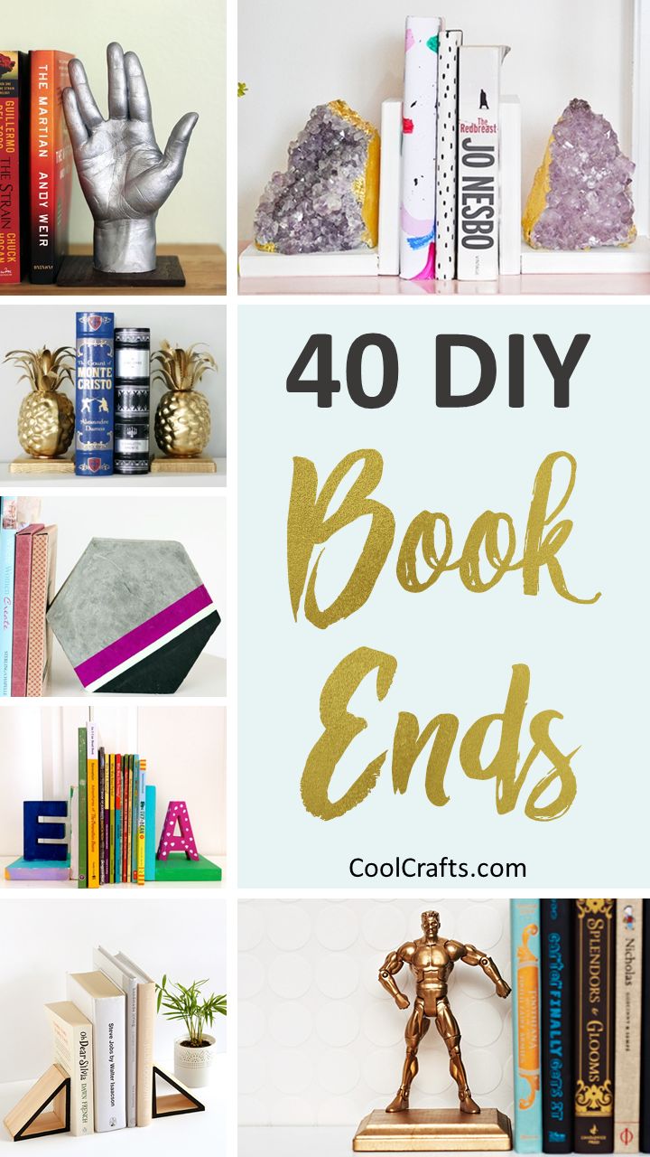 the words 40 diy book ends are shown in gold letters and bookshelves