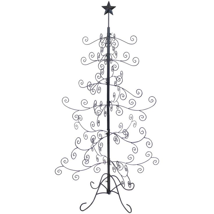 a tall metal christmas tree with stars on it's top and two star decorations