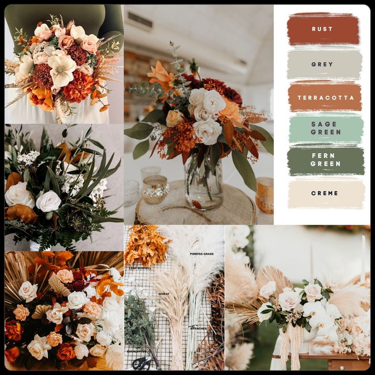 a collage of flowers and greenery in shades of orange, green, brown, and white