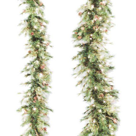 two christmas garlands with pine cones and lights hanging from the side, on white background