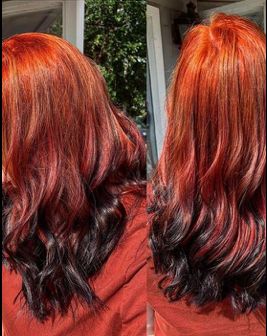 Orange Roots Red Hair, Red Fox Hair Color, Orange To Black Hair, Orange Hair With Black Tips, Fox Color Hair Dye, Ginger Hair With Black Highlights, Auburn And Black Hair, Foxtail Hair Color, Ginger Hair With Black Tips