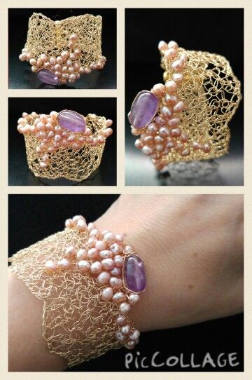 an image of a bracelet with pearls and beads on the wrist, as well as instructions for how to make it