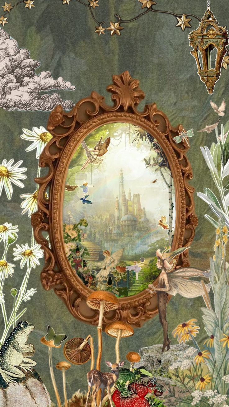 an artistic painting with flowers, plants and a fairy tale in the middle of it