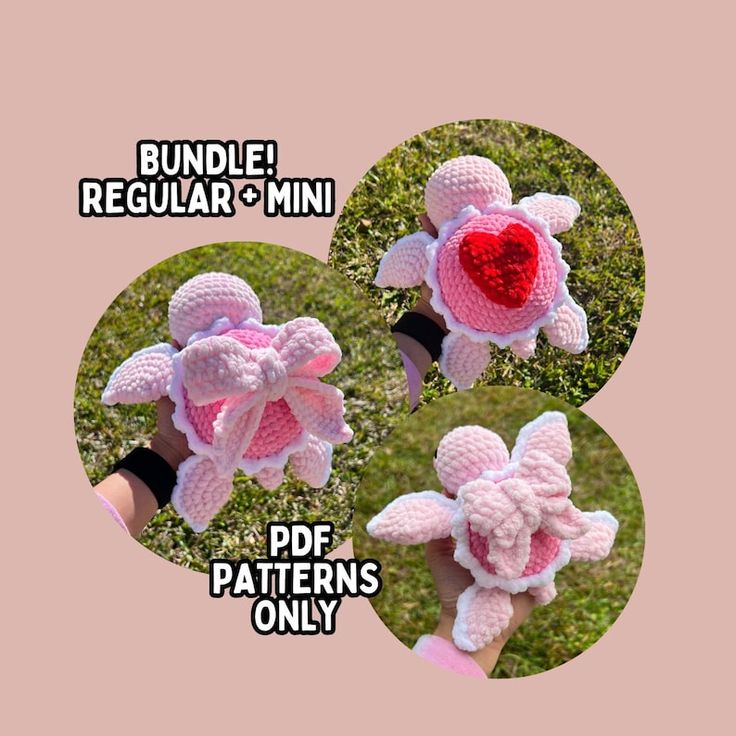 three pictures of pink crocheted sheeps with hearts on their backs and the words, bundle regular mini