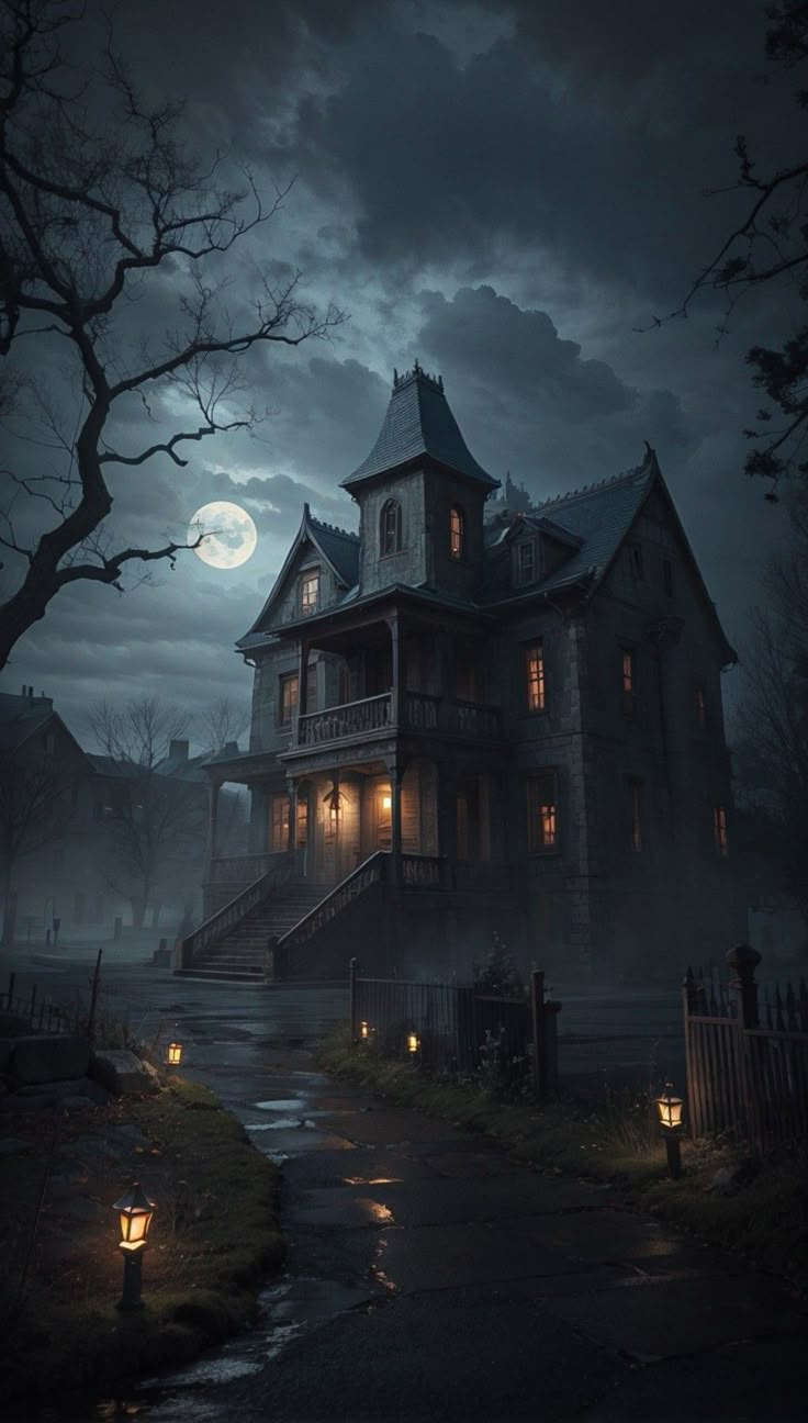 a creepy house with the moon in the background