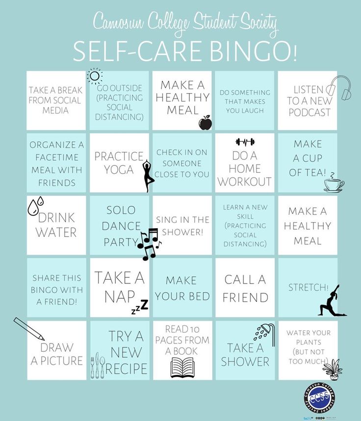 a blue and white poster with words on it that say self - care bingo