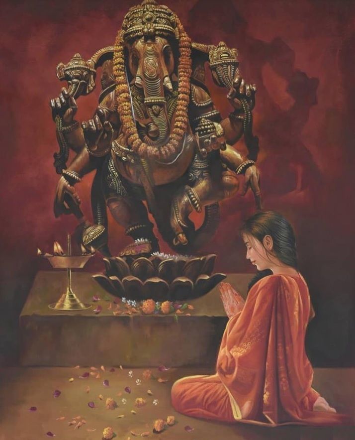 a painting of a woman sitting in front of a statue that looks like an elephant