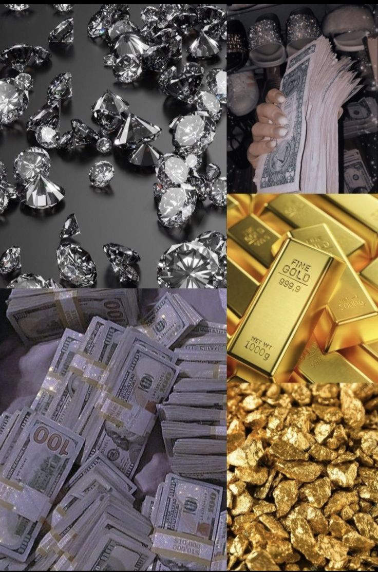 gold and diamonds are shown in three different pictures, one is being surrounded by money