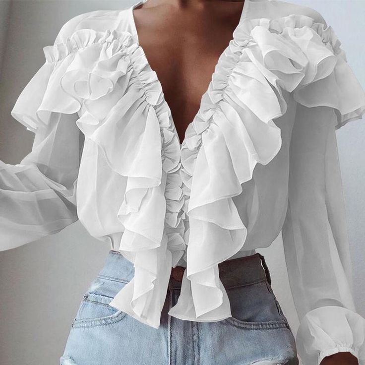 Women Ruffle Blouse, Ruffle Long Sleeve Blouse, White Ruffle Blouse, Chiffon Blouses, Women Shirt Top, Tunic Tops Casual, Loose Pullover, Chiffon Long Sleeve, Chiffon Shirt