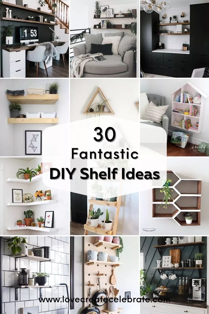 some shelves that have plants on them and other things in them with the words 30 fantastic diy shelf ideas