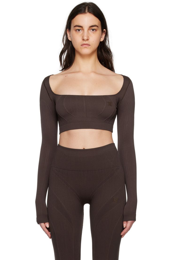 MISBHV: Brown Gaia Top | SSENSE Seamless Second-skin Athleisure Tops, Nylon Scoop Neck Seamless Top, Athleisure Elastane Tops For Fall, Fall Athleisure Elastane Tops, Medium Support Nylon Tops, Fitted Brown Tops With Seamless Collar, Seamless Stretch Recycled Polyester Tops, Seamless Stretch Top In Recycled Polyester, Stretch Seamless Recycled Polyester Top