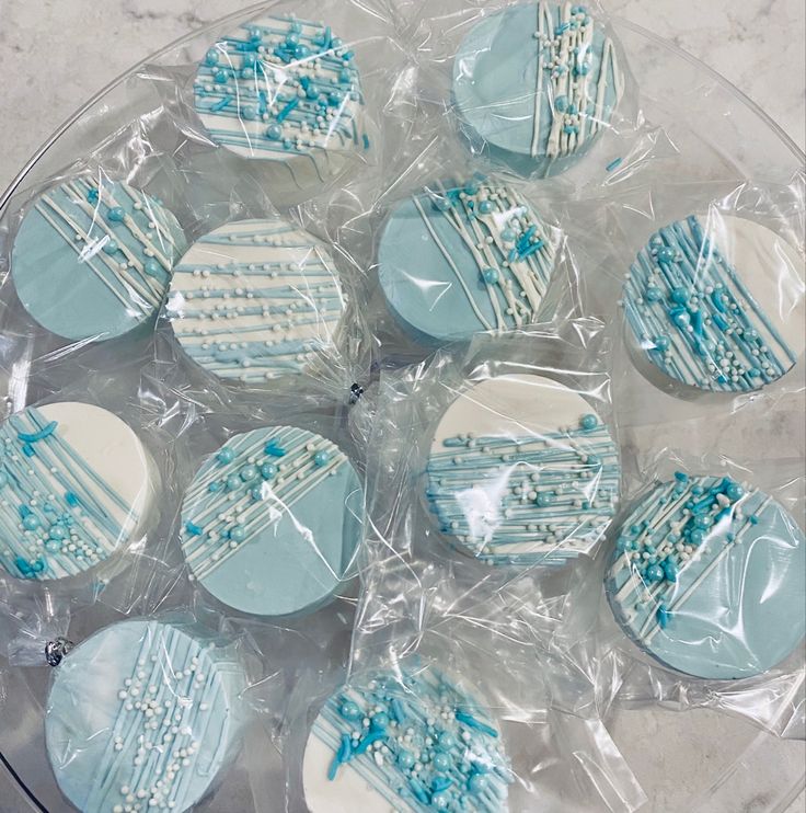 blue and white decorated cookies in a clear plastic container