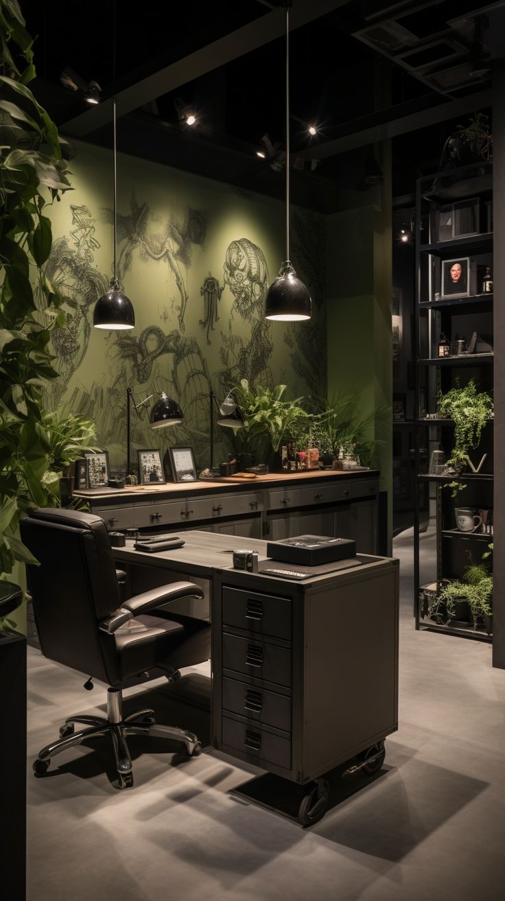 an office with green walls and plants on the desk, along with two black chairs