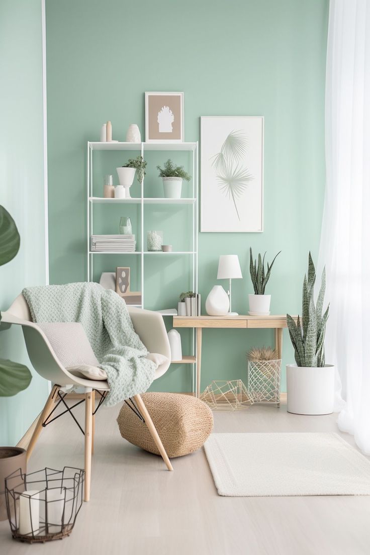 a living room with mint green walls and white furniture, including a wicker chair