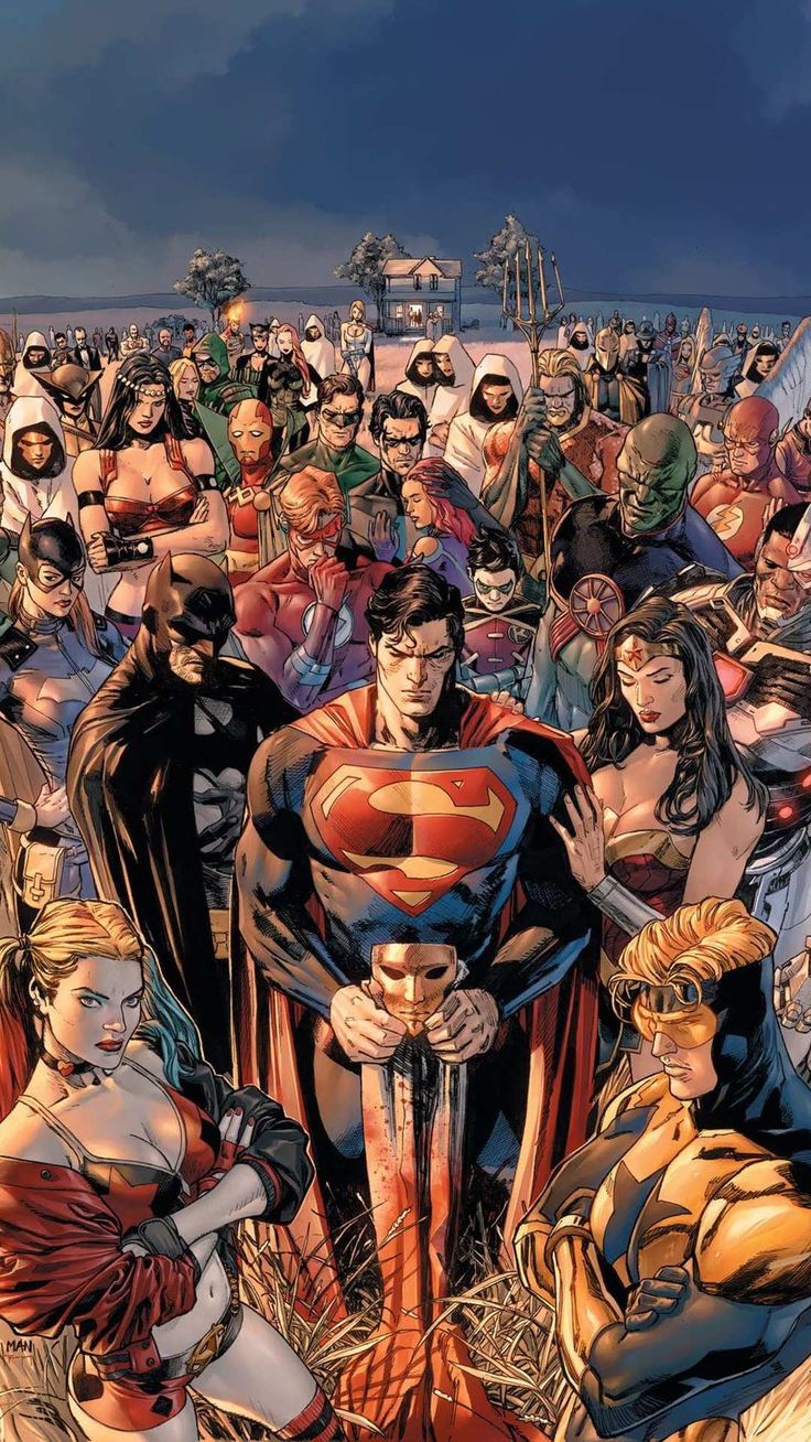 an image of a group of superheros in the middle of a desert with people standing around