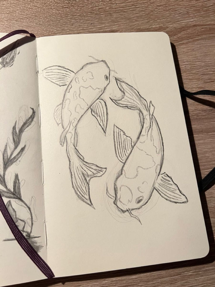 an open notebook with two drawings of fish in it