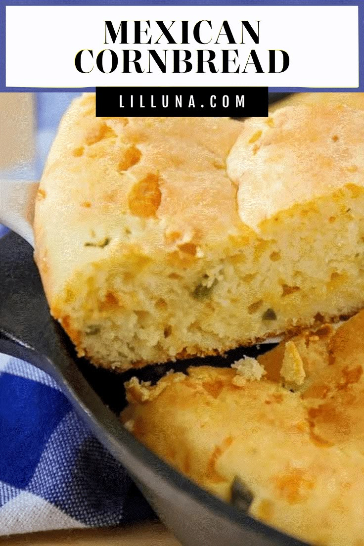 mexican cornbread in a skillet with text overlay