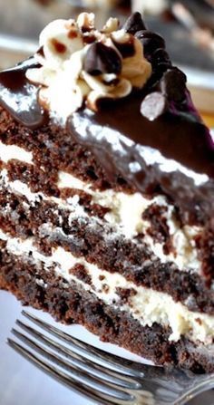 a piece of chocolate cake on a plate with a fork