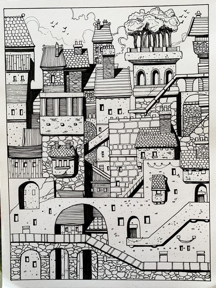 a black and white drawing of a city with lots of buildings on top of it