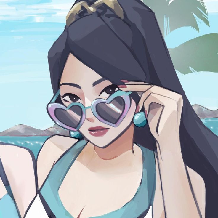 a woman with sunglasses on her face and palm trees in the background