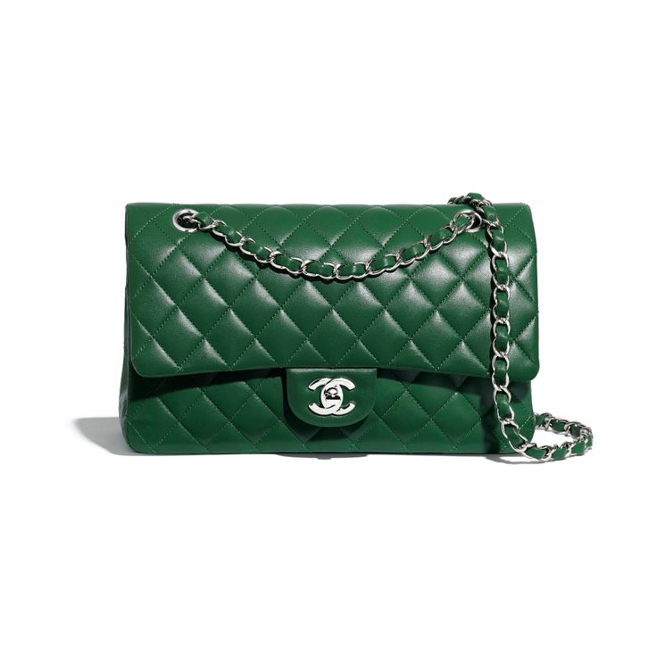 Lambskin & Silver-Tone Metal Green Classic Handbag | CHANEL Green Chanel Bag, Green Chanel, Cheap Purses, Fall Handbags, Popular Handbags, Cute Handbags, Handbags Affordable, Cheap Handbags, Classic Handbags