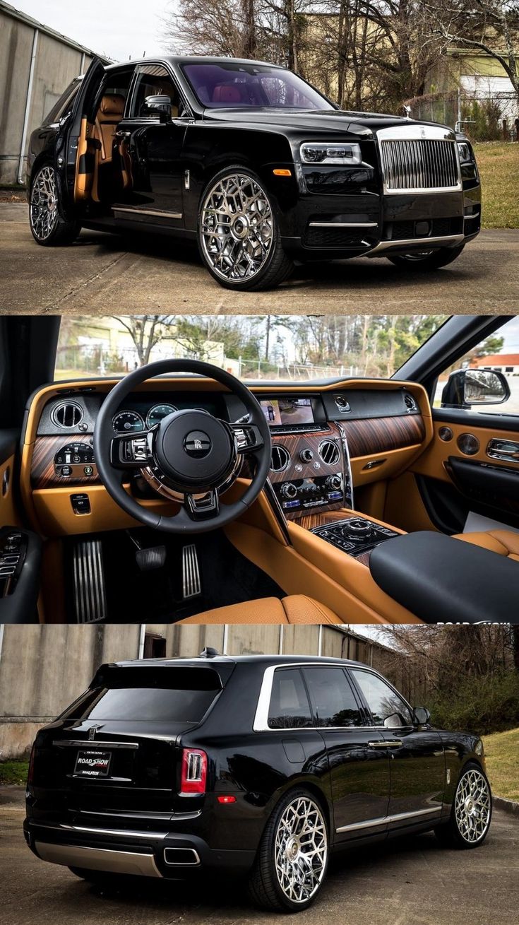 the inside and outside view of a black rolls royce with chrome rims on it