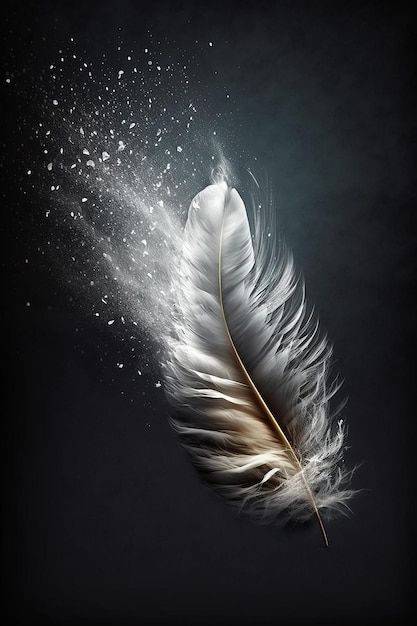 a white feather floating in the air with water splashing on it's side