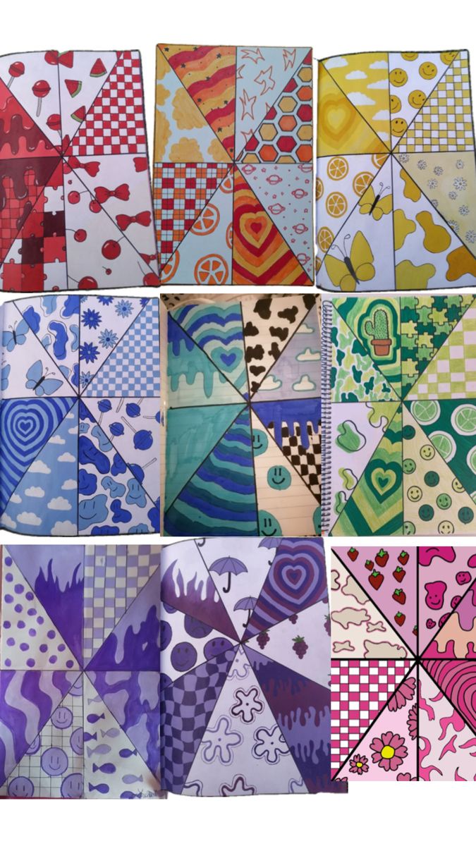 many different colored pieces of paper with designs on them, all arranged in the same pattern