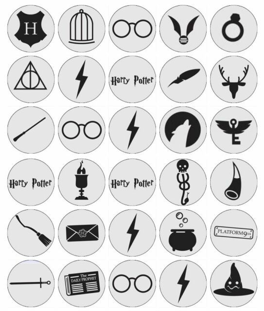 harry potter badges are shown in black and white, as well as other harry potter emblems