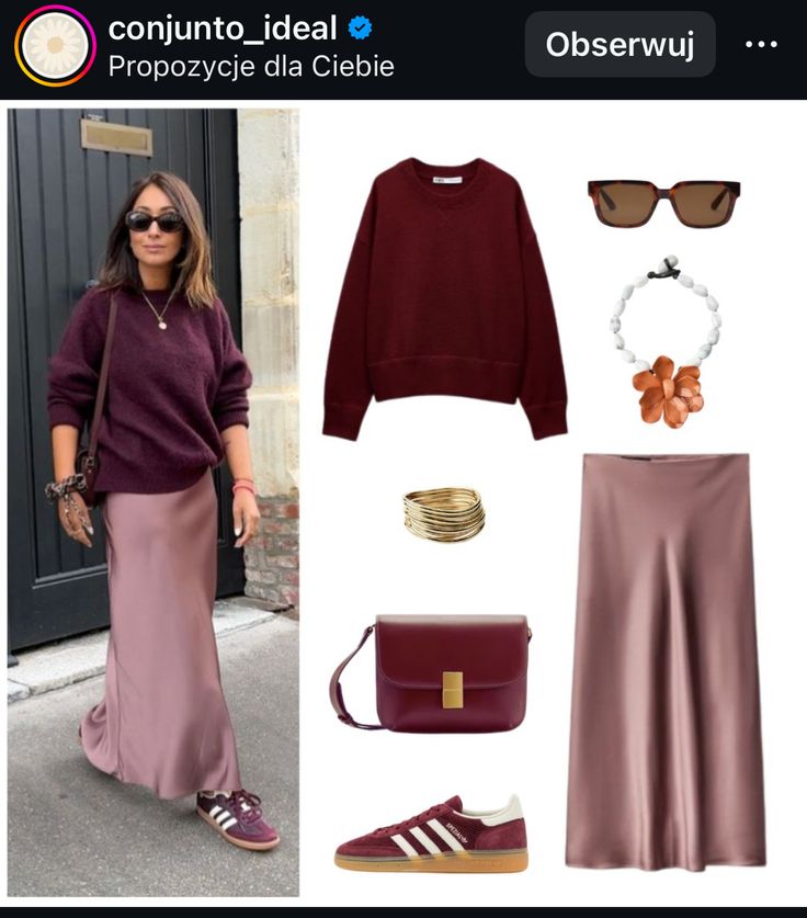 Burgundy Sneakers Outfit, Burgundy Skirt Outfit, Office Outfit Inspiration, Looks Adidas, Skirt Outfit Fall, Maroon Outfit, Color Outfits, Burgundy Fashion, Cute Modest Outfits