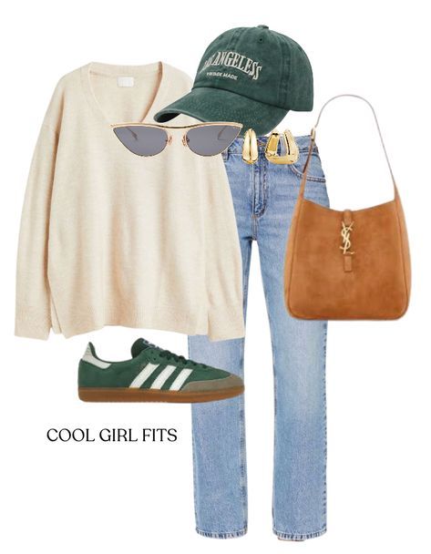 Cool Spring Day Outfit, Cool Girl Fits, Green Sambas, Staple Outfits, Ysl Suede, Cream Oversized Sweater, Warm Fits, Look Boho Chic, Samba Outfit