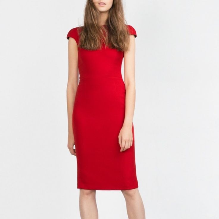 Brand New Never Wear. Red Short Sleeve Midi Dress For Cocktail, Elegant Red Sleeveless Bodycon Dress, Classic Red Midi Dress For Evening, Red Short Sleeve Midi Dress For Party, Red Knee-length Bodycon Dress For Work, Elegant Red Bodycon Dress For Cocktail, Elegant Red Asymmetrical Midi Dress, Zara Classic Workwear Dresses, Chic Red Midi Dress For Work