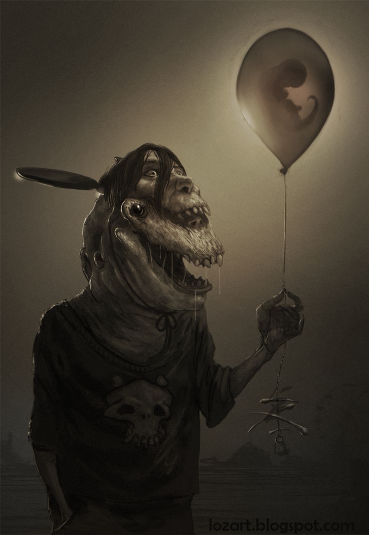 a creepy creature holding a balloon in the dark with an evil look on his face