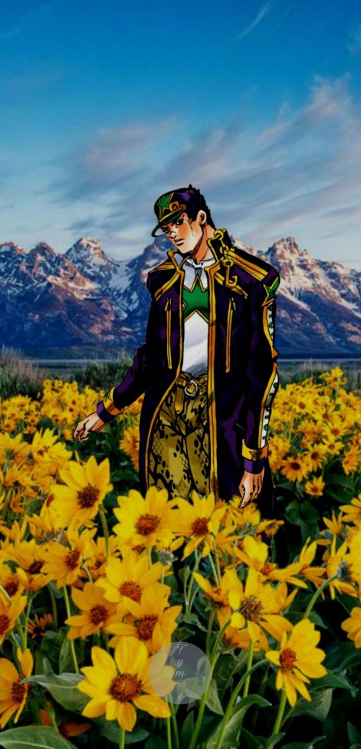 an anime character standing in a field of sunflowers with mountains in the background