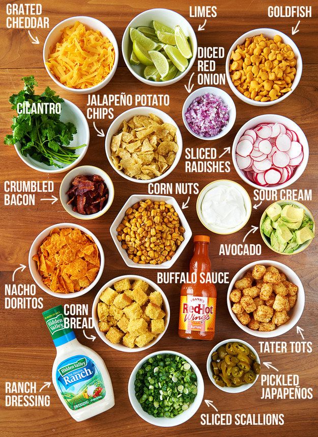 an image of different types of food in bowls on a table with the ingredients labeled