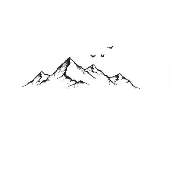 a black and white drawing of mountains with birds flying over them