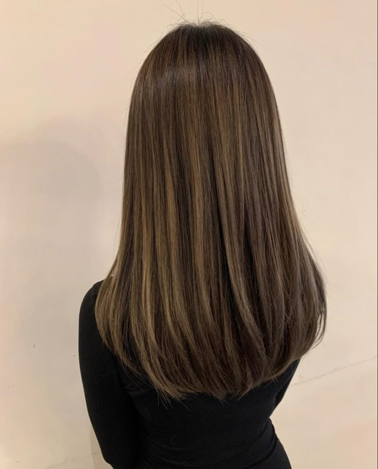 Long Bangs Straight Hair Mid Length, Slight V Shape Haircut, Brown Hair With Lowlights Straight, Haircut Inspo For Oval Face, Long Layers Hair Medium Length, Long Brown Straight Hair With Highlights, Rounded Long Hair, Medium Brunette Haircut Layers, Subtle Front Layers