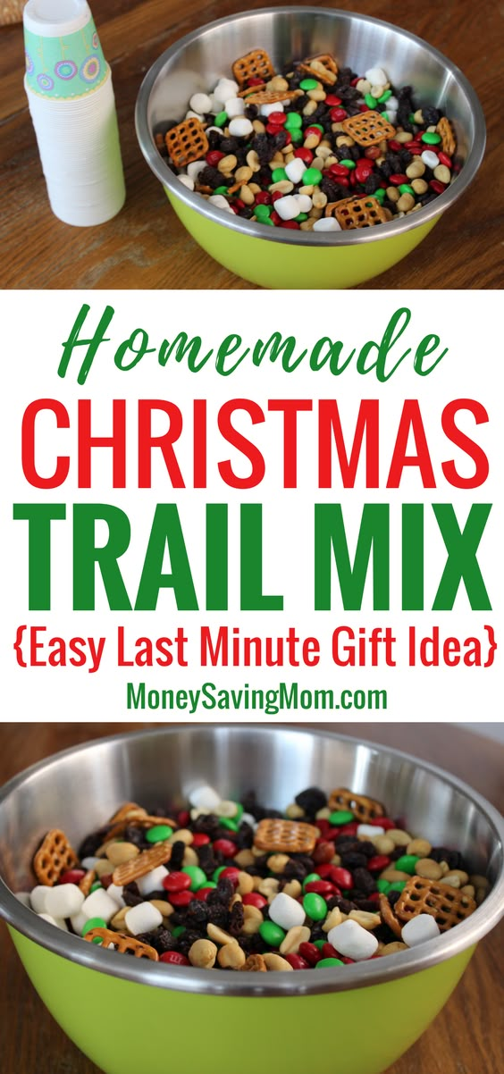 homemade christmas trail mix in a green bowl with the words homemade christmas trail mix on it