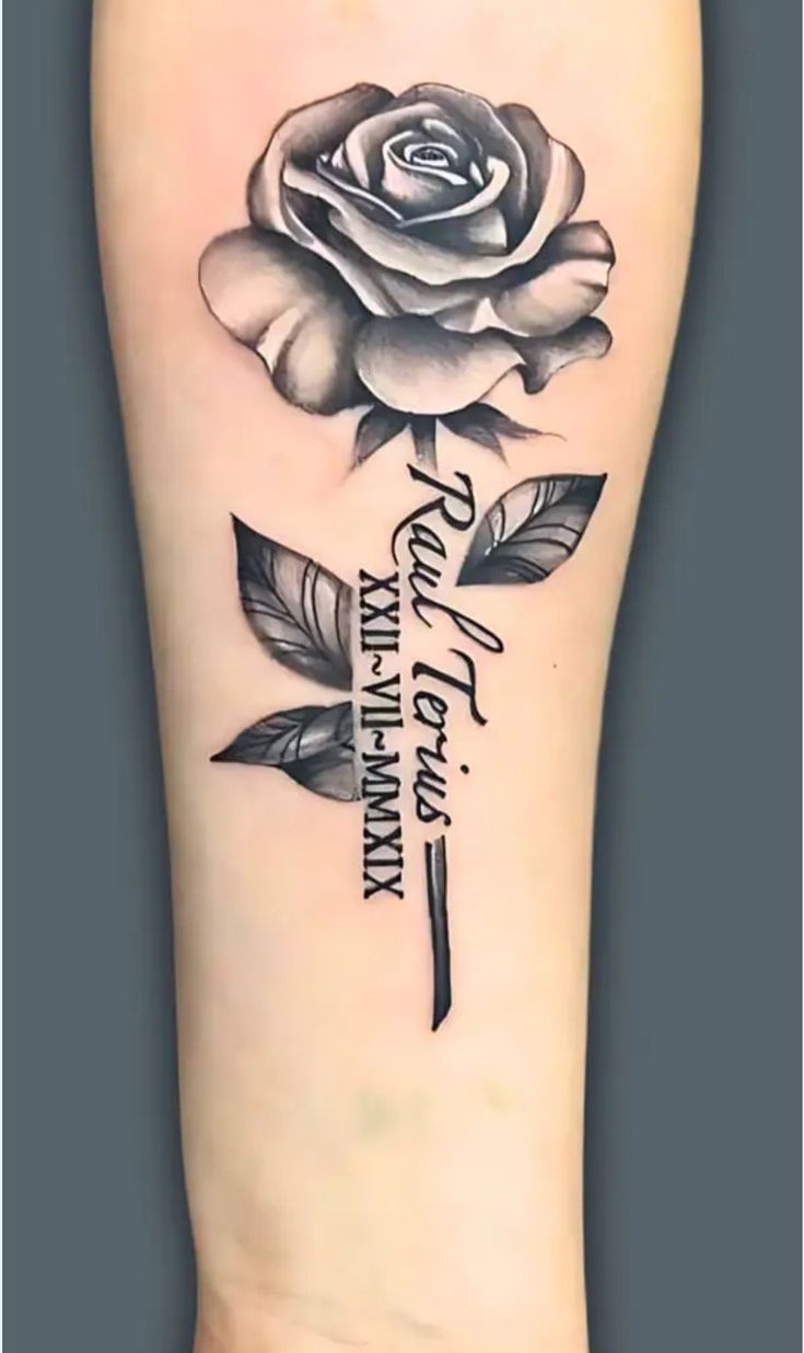 a black and white rose tattoo with the words, love is always on it's side